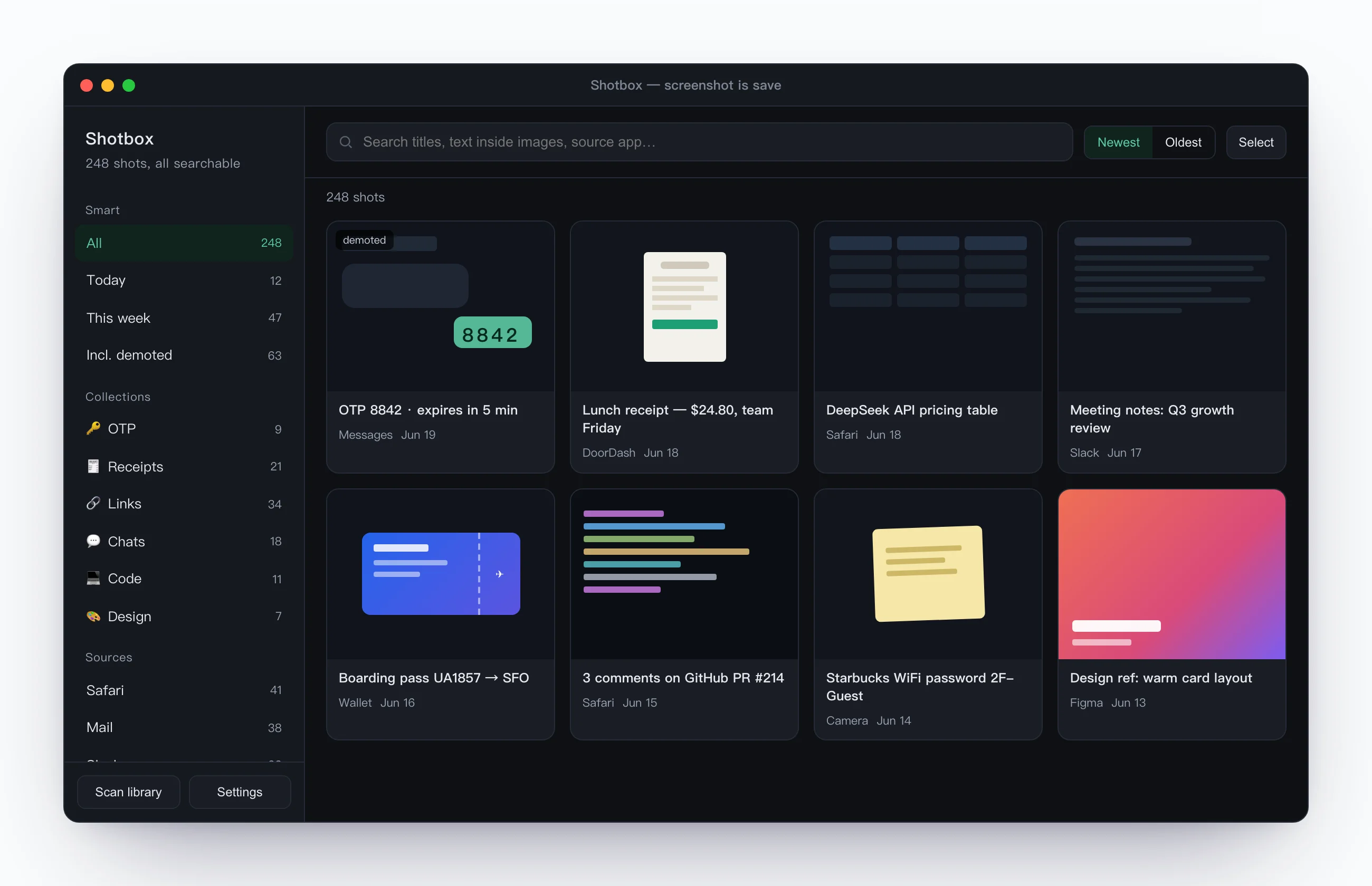 Shotbox main window: smart collections and source filters on the left; a grid of auto-titled, full-text-searchable screenshots on the right — errors, receipts, boarding passes, PR comments